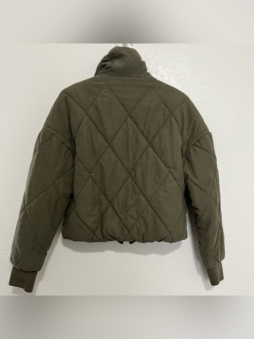 Cisono XL Olive Green Cropped Puffer Jacket Quilted Diamond Sherpa Lined Y2K - Picture 3 of 8